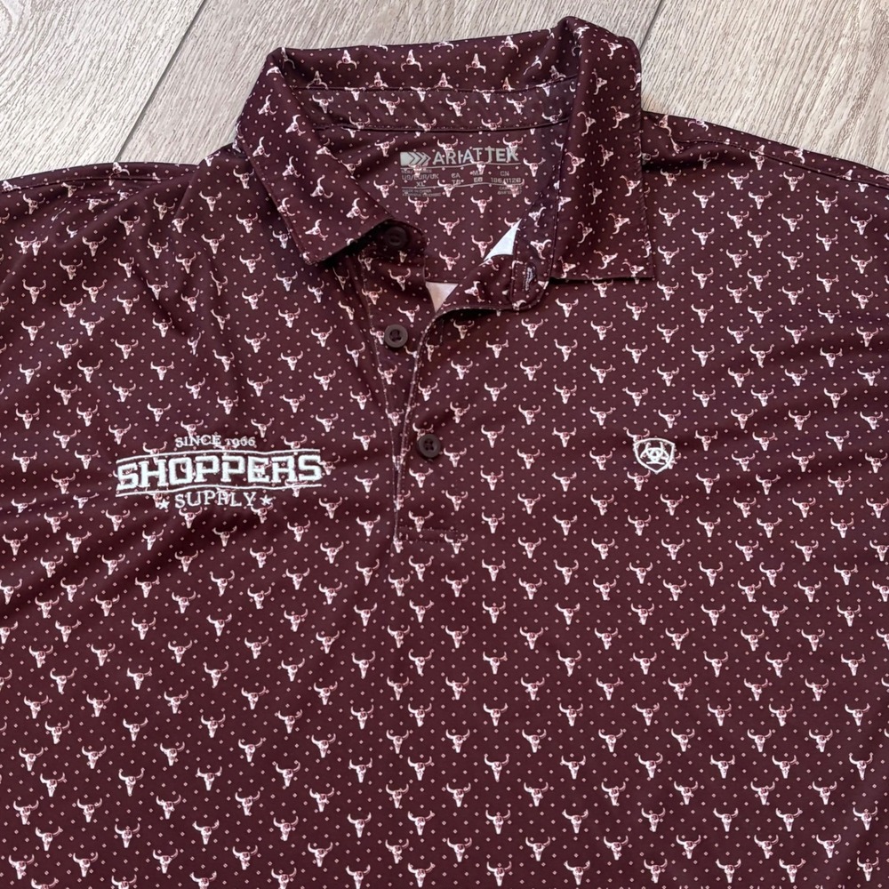 Ariat Tek Polo Shirt Mens XL Burgundy Bull Skull Pattern Western Casual